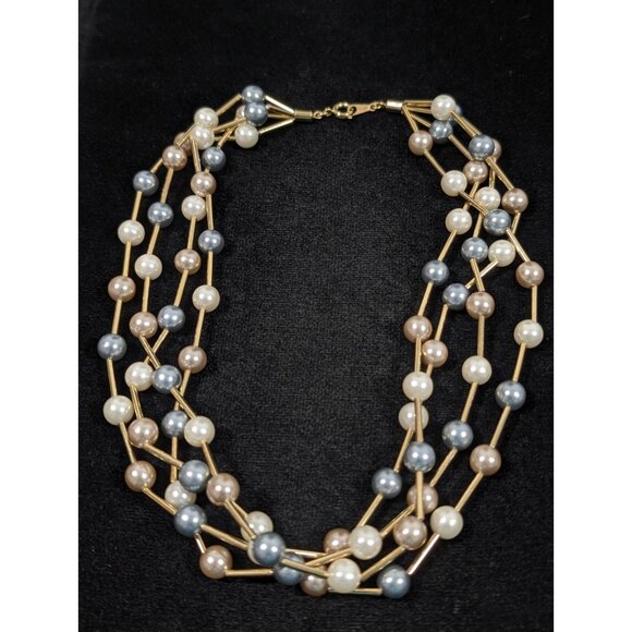 Vintage Avon Cashmere Necklace Four Strand Faux Pearl Gray Champagne 16.5 in - Picture 2 of 10